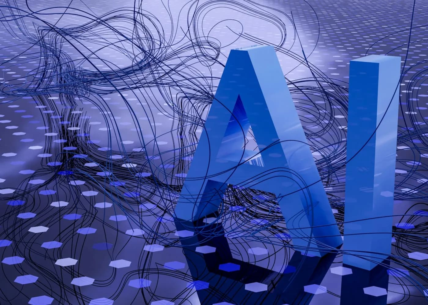 Abstract three-dimensional AI lettering surrounded by a data network