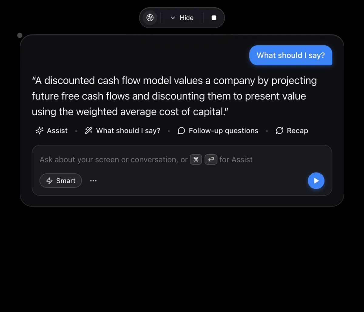 Cue AI overlay answering a question over a video call