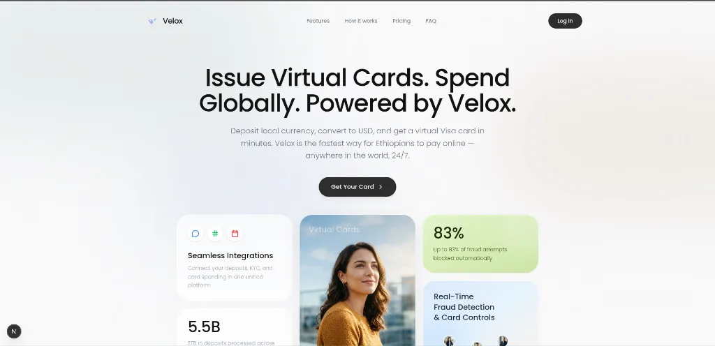 Velox virtual card landing page