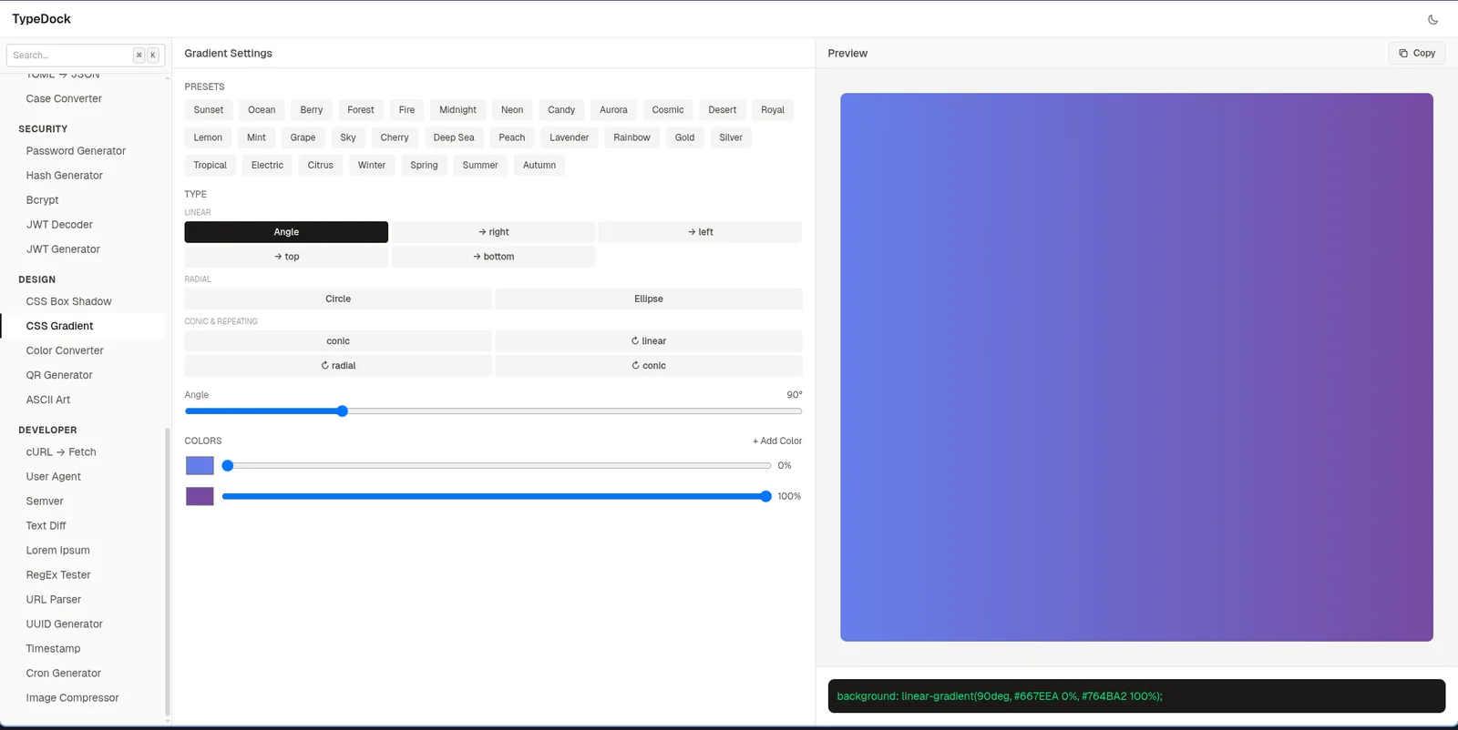 TypeDock CSS gradient generator