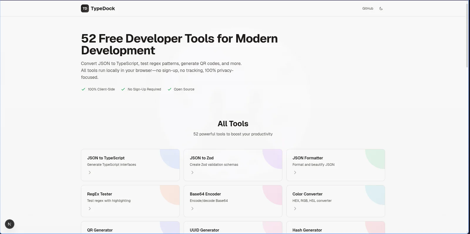 TypeDock homepage with developer tools